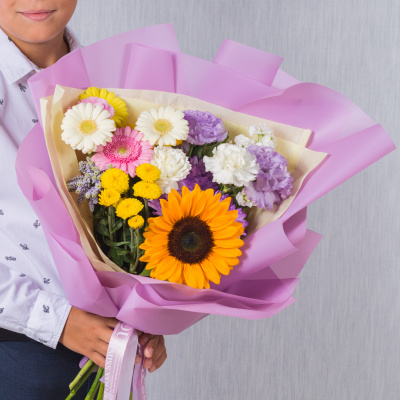 Букет в школу с подсолнухом "До свиданья, лето!" N 38164