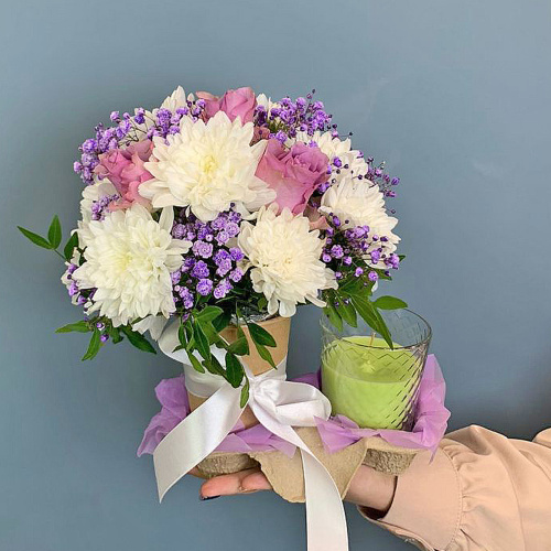 Сет Нежный". Набор стаканчик с цветами и аромасвечой арт. 70335