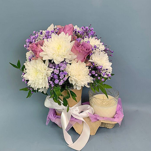 Сет Нежный". Набор стаканчик с цветами и аромасвечой арт. 70335